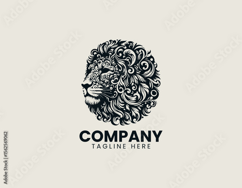 Lion head combined with herbal leaves in elegant vector logo illustration representing strength and natural healing