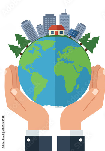 Earth globe with city buildings, house, and trees held by hands symbolizing environmental protection and urban sustainability vector illustration