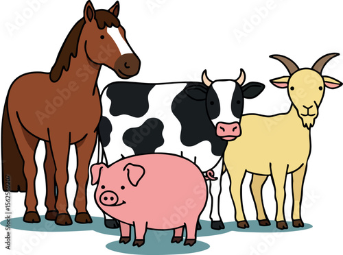 Farm animals group including horse cow pig and goat standing together in cartoon style vector illustration