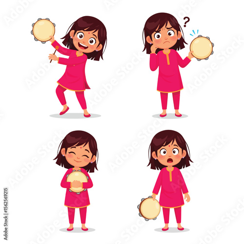 Four cartoon girls in traditional dress playing a tambourine, showcasing different emotions and actions.