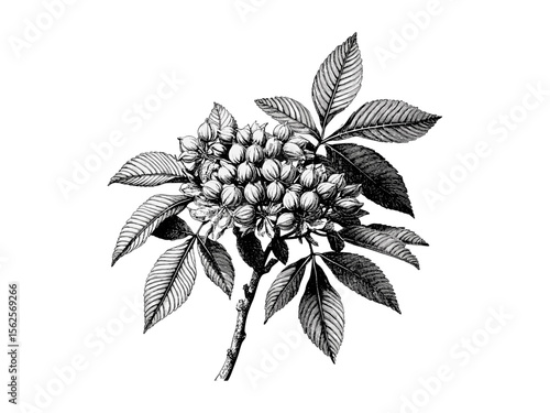 Vintage hand-drawn engraving of American Chestnut Tree, botanical art, chestnut leaves, nature print, eco-friendly woodland decor, black sketch, old engraving style, rustic tree illustration