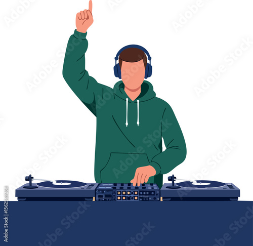 DJ playing music with headphones and green hoodie mixing tracks on turntable equipment vector illustration