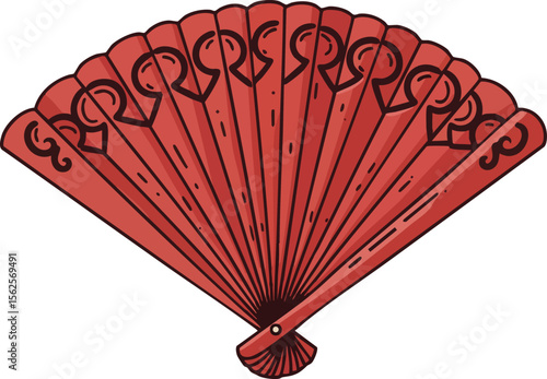 Red traditional hand fan illustration with decorative patterns and vintage style vector art