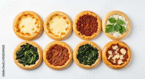 Traditional Middle Eastern Esfihas with Classic Toppings – Cheese, Ground Beef, and Spinach Flatbreads Isolated on White Background