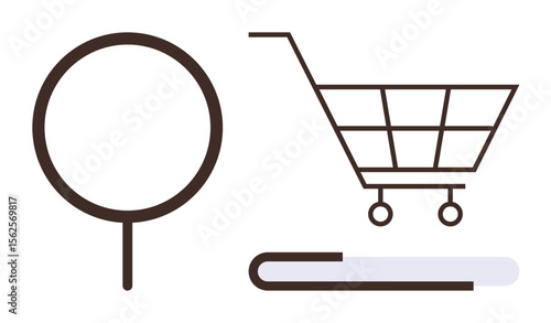 Magnifying glass, shopping cart, and book object symbolizing search, e-commerce, knowledge, and retail. Ideal for online shopping, research, education commerce digital libraries browsing