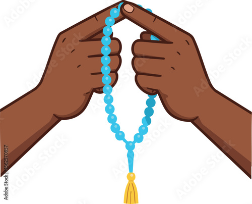 Hands holding blue prayer beads with yellow tassel spiritual meditation and faith concept vector illustration