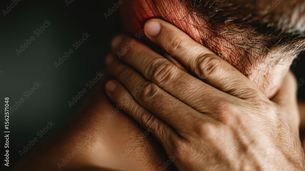 Fototapeta premium Pain with acute discomfort concept. A person holds their neck in discomfort or pain.