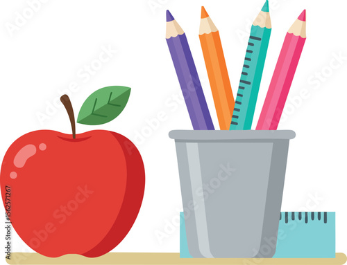 Red apple with colorful pencils and ruler in cup for school education vector design illustration