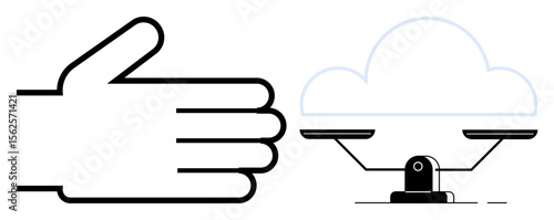 Open hand facing a balance scale with a cloud outline above, symbolizing decision-making, judgment, evaluation, comparison, fairness, responsibility, and weighing ideas. A simple flat metaphor