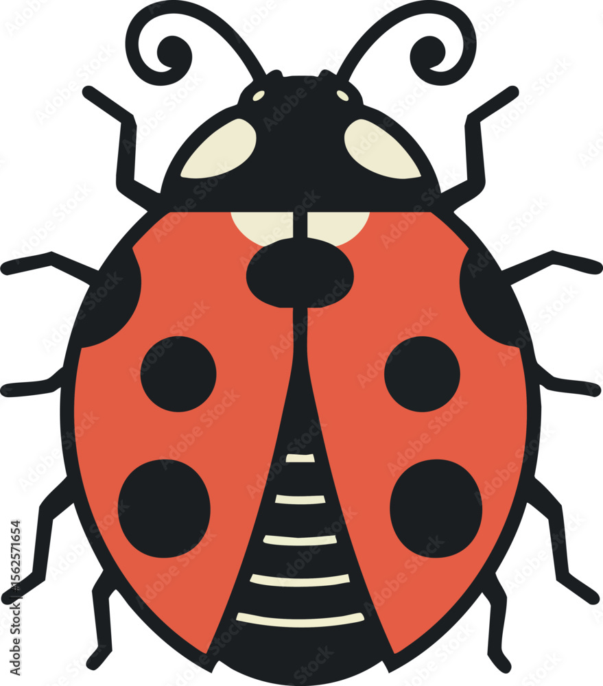 Obraz premium Ladybug vector illustration with red wings and black spots in simple flat style for nature and insect design