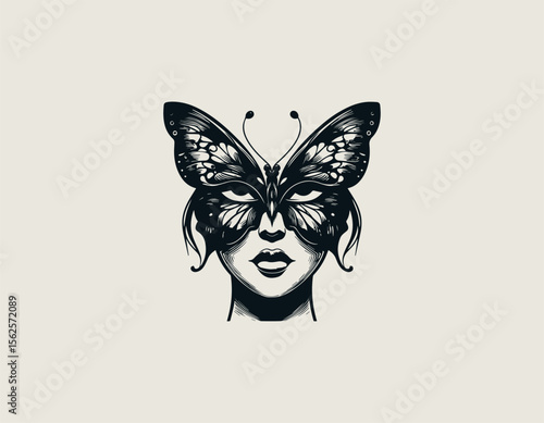 Beautiful woman face combined with butterfly wings in artistic vector logo illustration for natural beauty and transformation concept