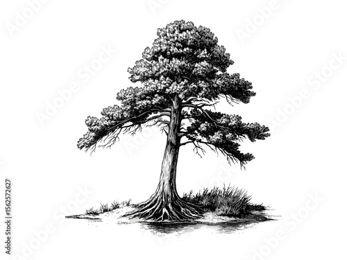 Vintage hand-drawn Bald Cypress Tree, black sketch, swamp tree art, old engraving style, botanical illustration, eco-friendly nature print, retro woodland decor, forest artwork, tree drawing