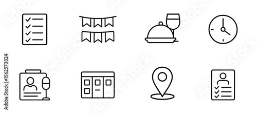 Event planning line icon set. checklist, clock, badge, location, more in linear style