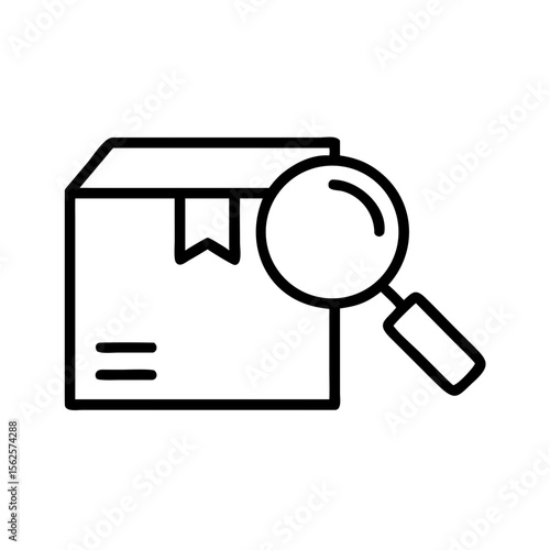 Package with magnifying glass icon in minimalistic style  