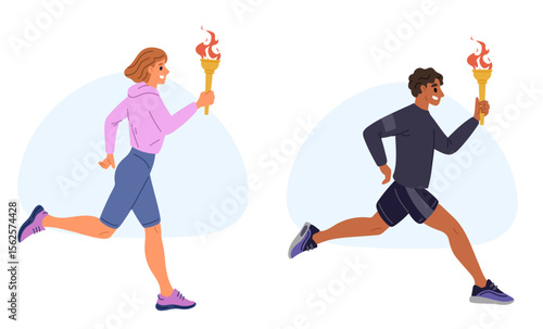 Woman and man running and holding torch with Olympic flame. Sport competition opening ceremony. Athletic tournament. Runner with blazing fire. Sportsman carrying flambeau. Vector concept