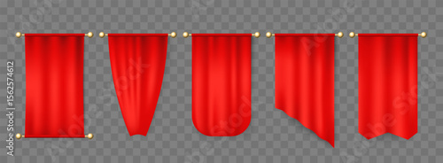 Realistic vertical red pennant on transparent background. Flag different shapes. Heraldic pendant cloth. Pennon folds. Hanging placard. Holiday decoration. Vector textile mockups set