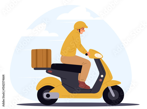 Male courier delivers package on scooter to address. Man with helmet driving moped. Order logistic. Deliveryman with parcel box. Food grocery shipping. Transport traffic. Vector concept