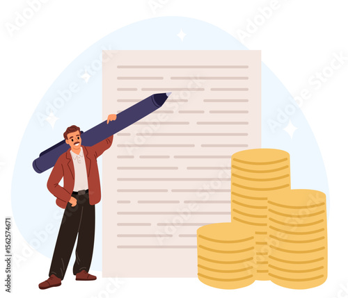 Male copywriter makes money from writing text. Screenwriting or blogging. Gold coins stack. Publication document. Journalist with big pencil. Copywriting content for pay. Vector concept