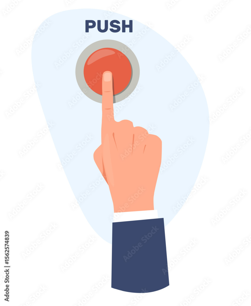 Hand with index finger turns on big red button. Start turner. Dashboard controller. Forefinger at tumbler. Businessman gesture. Energy console. Arm pressing switcher. Vector concept