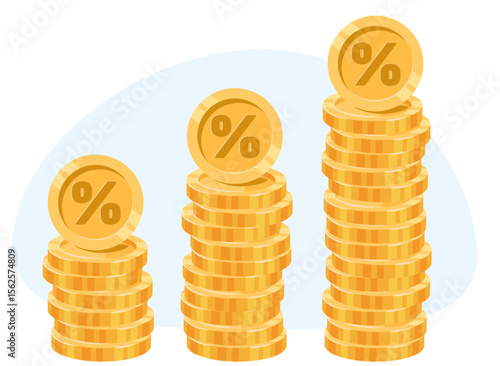 Interest rate increase due to inflation. Money percent increase. Banking investment profit. Gold coins stack. Debt percentage. Economy recession chart. Financial stock cost. Vector concept