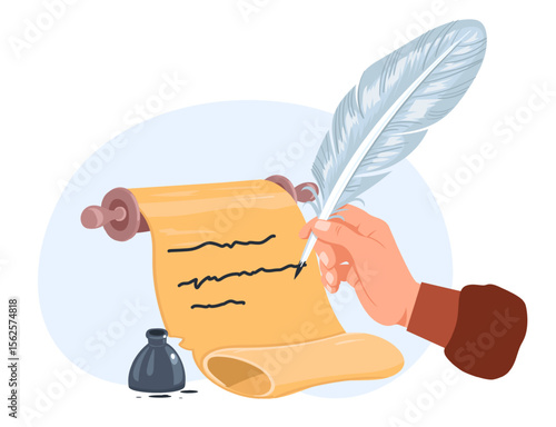 Hand writes text with quill pen on parchment in ink. Ancient stationery. Document sheet. Letter message. Vintage handwriting poetry. Inkwell for writing on paper scroll. Vector concept