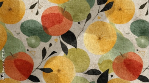 Wallpaper Mural Colorful fruit pattern featuring apples, oranges, and leaves on a textured background Torontodigital.ca