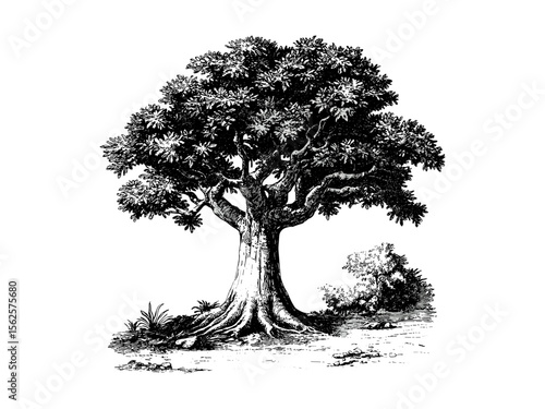 Vintage hand-drawn engraving of Baobab Tree Trunk, botanical art, tropical tree, baobab bark texture, eco-friendly print, retro woodland design, black sketch, old engraving style