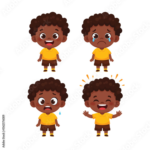 Four cartoon illustrations of a young, dark-skinned boy displaying different emotions: happiness, sadness, fear, and excitement.