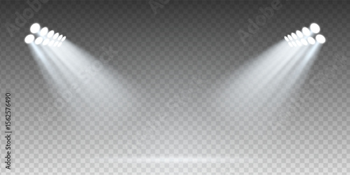 Realistic concert spotlight scene with bright LED floodlights over stadium stage. Transparent vector background. Night sport arena or presentation podium with mist, sparkle and dramatic illumination.