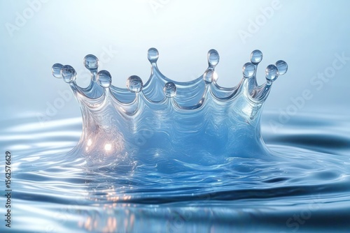 Close-up of a crystal clear water splash forming a crown shape with reflections and light playing on smooth, rippling water surface in soft blue tones