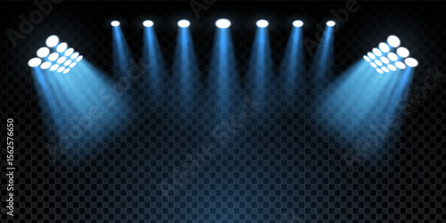 3D stadium scene with illuminated football pitch, bright LED spotlights and neon glow. Night event atmosphere with floodlights, beams and empty stage. Realistic vector background with luxury sparkle.