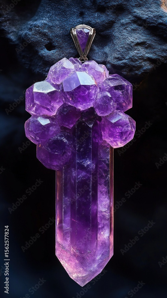 Obraz premium Close-up view of a polished amethyst crystal pendant with cluster formations, showcasing vibrant purple hues and natural geometric facets against a dark textured background