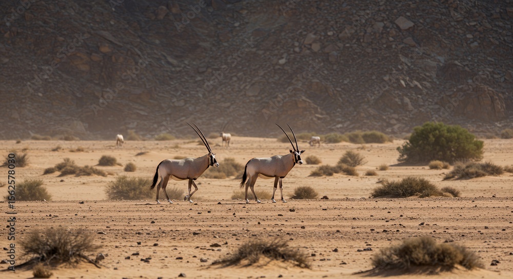 Fototapeta premium Two graceful antelopes traverse a sun-drenched desert landscape, their long horns silhouetted against a rugged mountain backdrop.