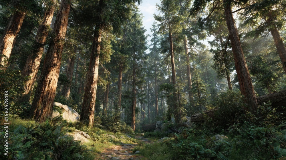 Obraz premium Serene Sunlight Filtering Through Redwood Forest Canopy