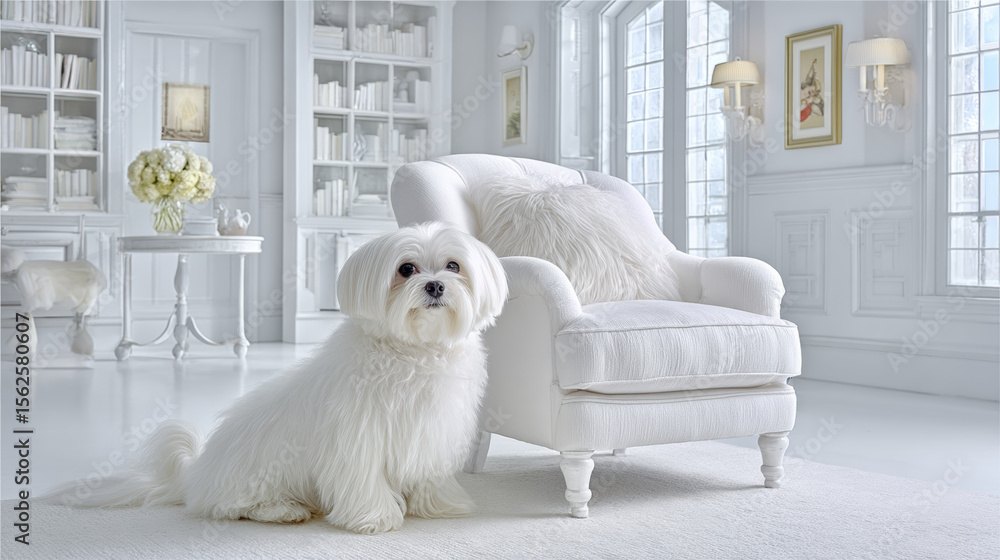 Minimal Shih Tzu, Cozy room featuring a fluffy dog beside an elegant chair. Minimal Shih Tzu, Cozy room featuring a fluffy dog beside an elegant chair.