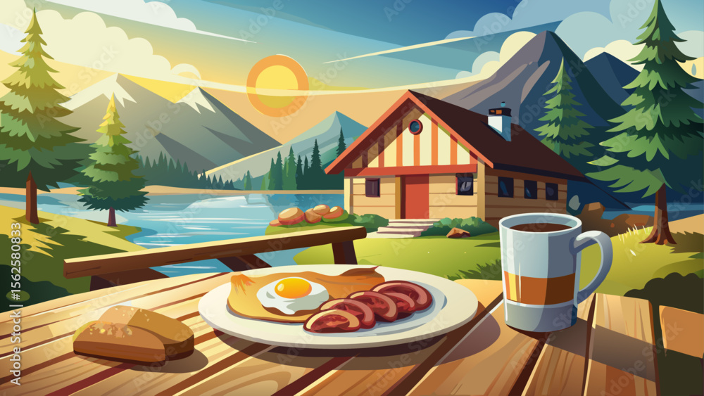 Obraz premium In a peaceful lakeside cabin, crispy bacon and scrambled eggs rest on a white plate, the rustic wooden breakfast table glowing in golden morning light and the scent of fresh coffee in the air.