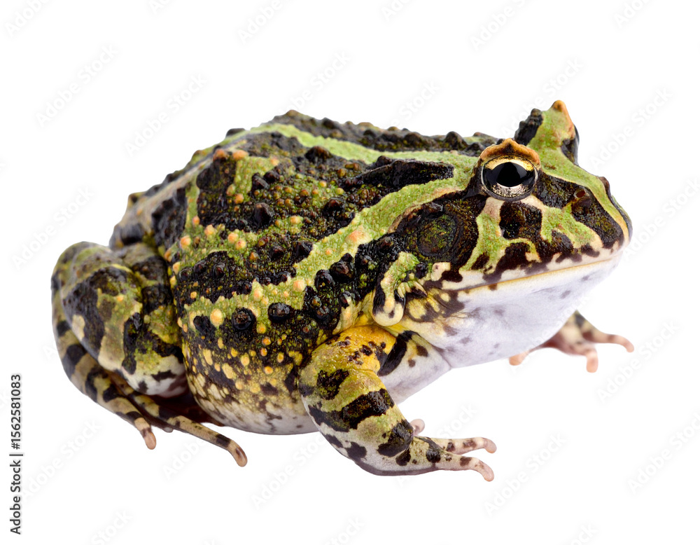 Fototapeta premium A realistic Argentine horned frog, isolated on a white background, with its striking appearance.