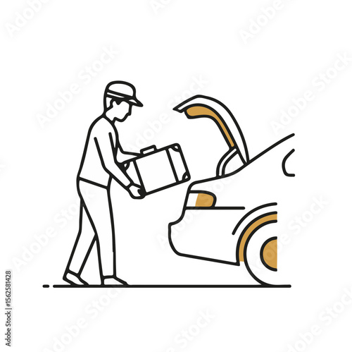 Hotel staff unloading suitcase from car trunk in parking area  