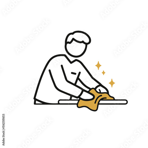 Man cleaning table with cloth and showing concept of hotel staff  