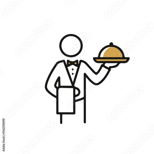 Waiter serving food on tray in formal attire with apron  