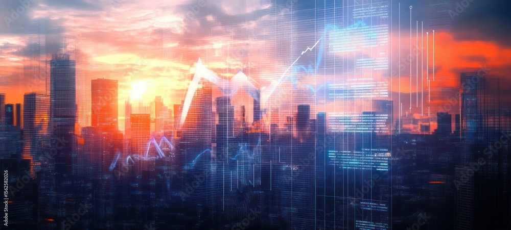 Fototapeta premium Sunset over a modern city skyline with tall skyscrapers and digital financial charts overlayed symbolizing economic growth and technology integration
