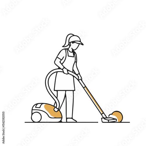 Female cleaner vacuuming floor with equipment in modern style  
