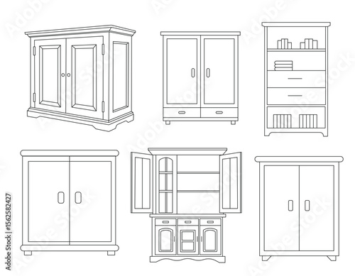 Minimalist storage cabinet icon set in line art style. Editable vector illustration of drawers, dressers, and wooden furniture for home decor, interiors, and design projects.