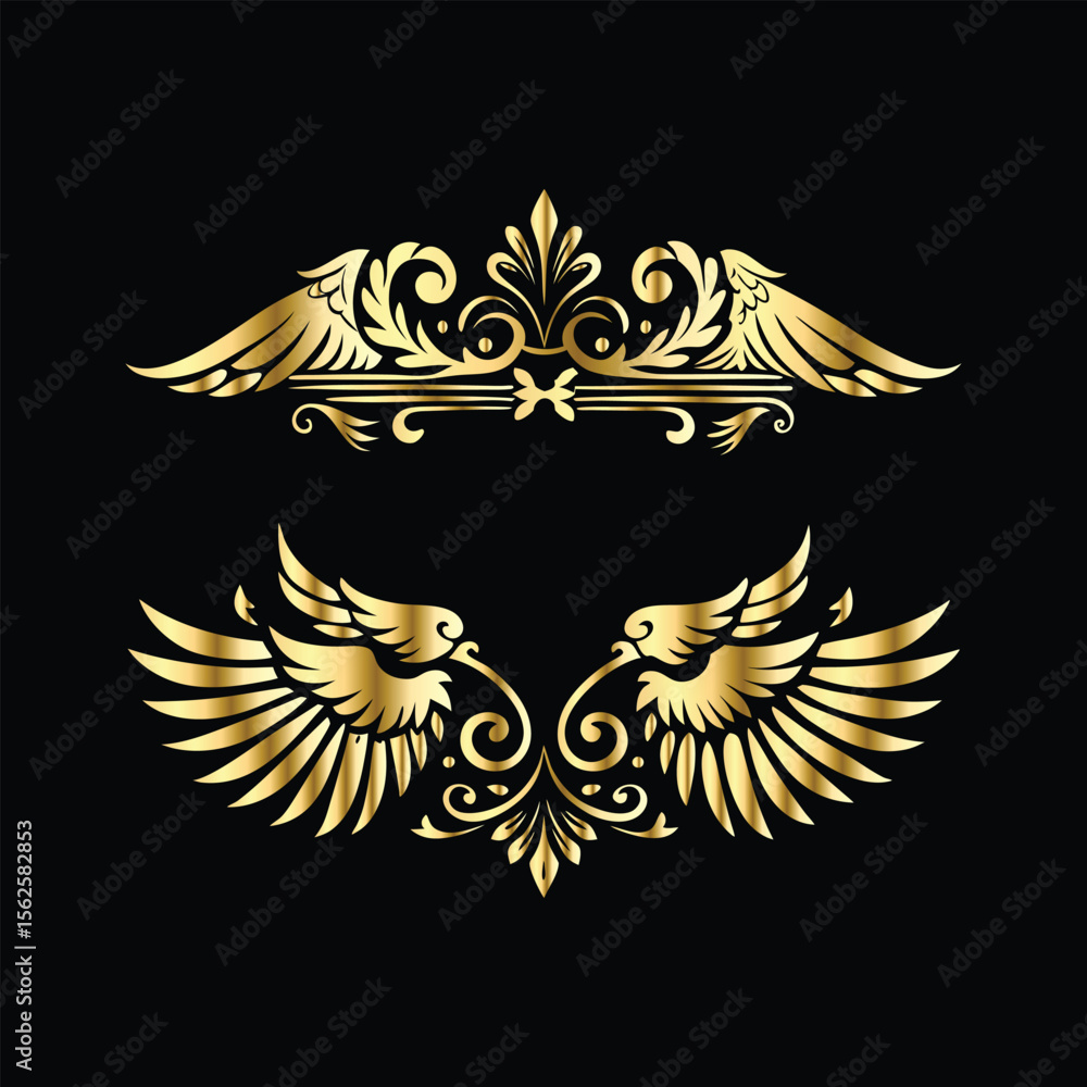 Fototapeta premium Gold floral round frame on black background. Vector design element for greeting card, wedding invitation, save the date card. Vintage gold floral round frame. Luxury design element. Vector illustrati 