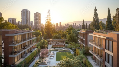 Cityscape apartments with lush courtyard