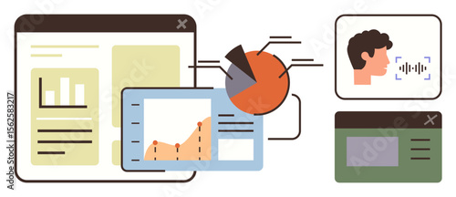 Analytical dashboard with charts, pie graph, and profile interface showing speech recognition. Ideal for data visualization, analytics, AI concepts, voice recognition, reports, user interactions
