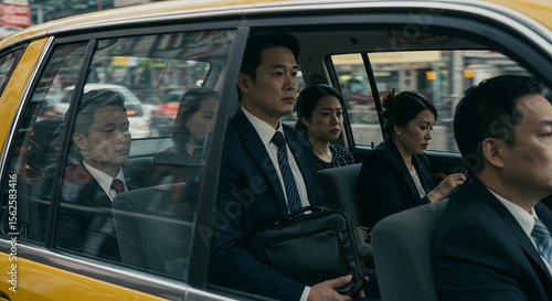 Confident businesspeople ride in a yellow taxi cab, navigating the city streets during their busy workday.