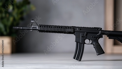 Modern black semi-automatic rifle on display with selective focus in neutral setting