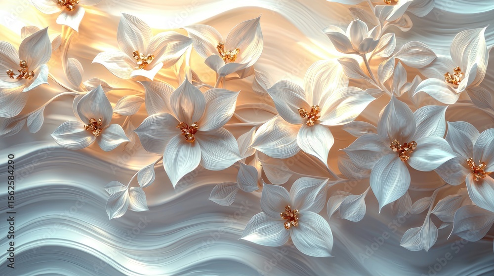 Fototapeta premium Ornate white flowers in a wavy design.