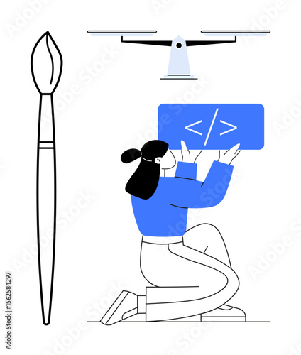 Woman kneeling with coding symbol board, standing paintbrush, hovering drone. Ideal for creativity, tech innovation, coding, modern art, education, design process simple landing page